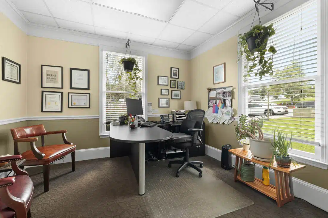 therapy3 Modern office with a desk, computer, office chair, certificates on the wall, houseplants, and large windows letting in natural light. A wooden side table with plants sits by the window.